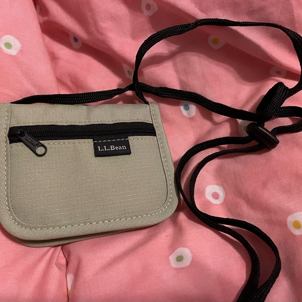 LL Bean Tan Folding Wallet - w/ Adjustable Lanyard and Button Snap - Polyester